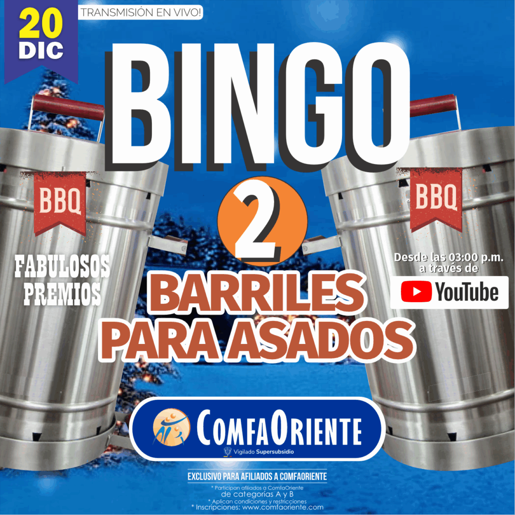 Póster de bingo: 2 barriles para asados como premios; 20 dic, transmisión por YouTube 3 p.m.; logo ComfaOriente.