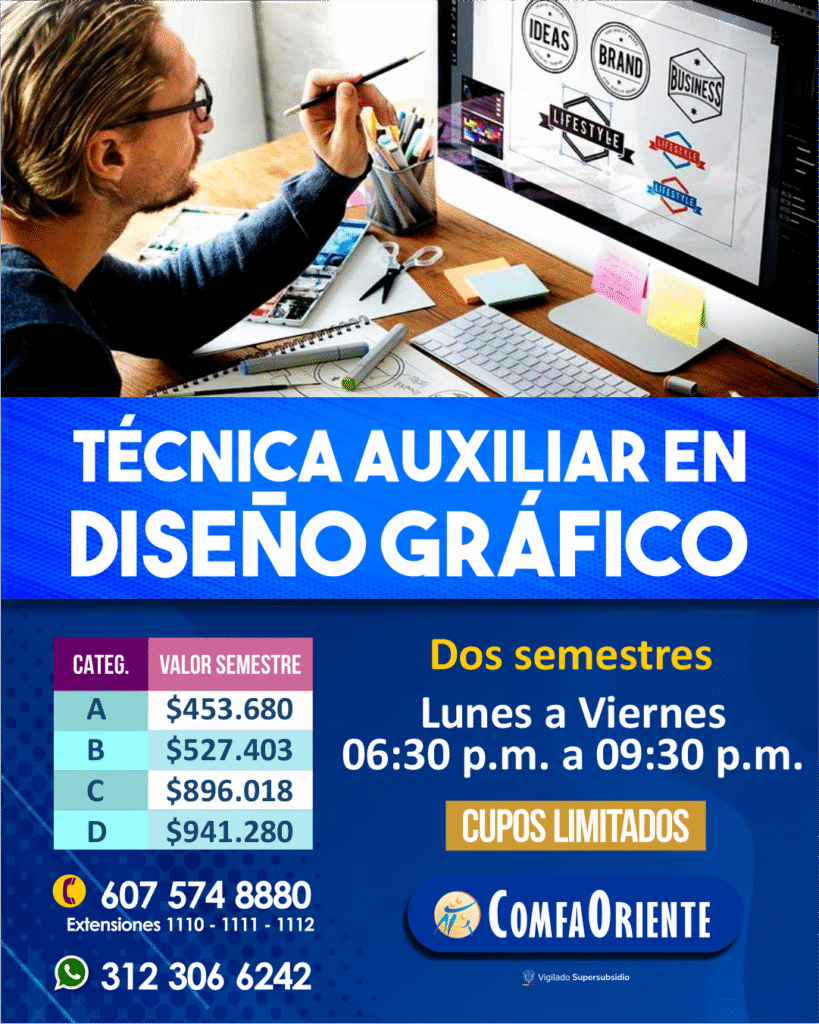 Promoción del curso Técnica auxiliar en diseño gráfico: diseñador con monitor, tarifas, horarios y contactos ComfaOriente.