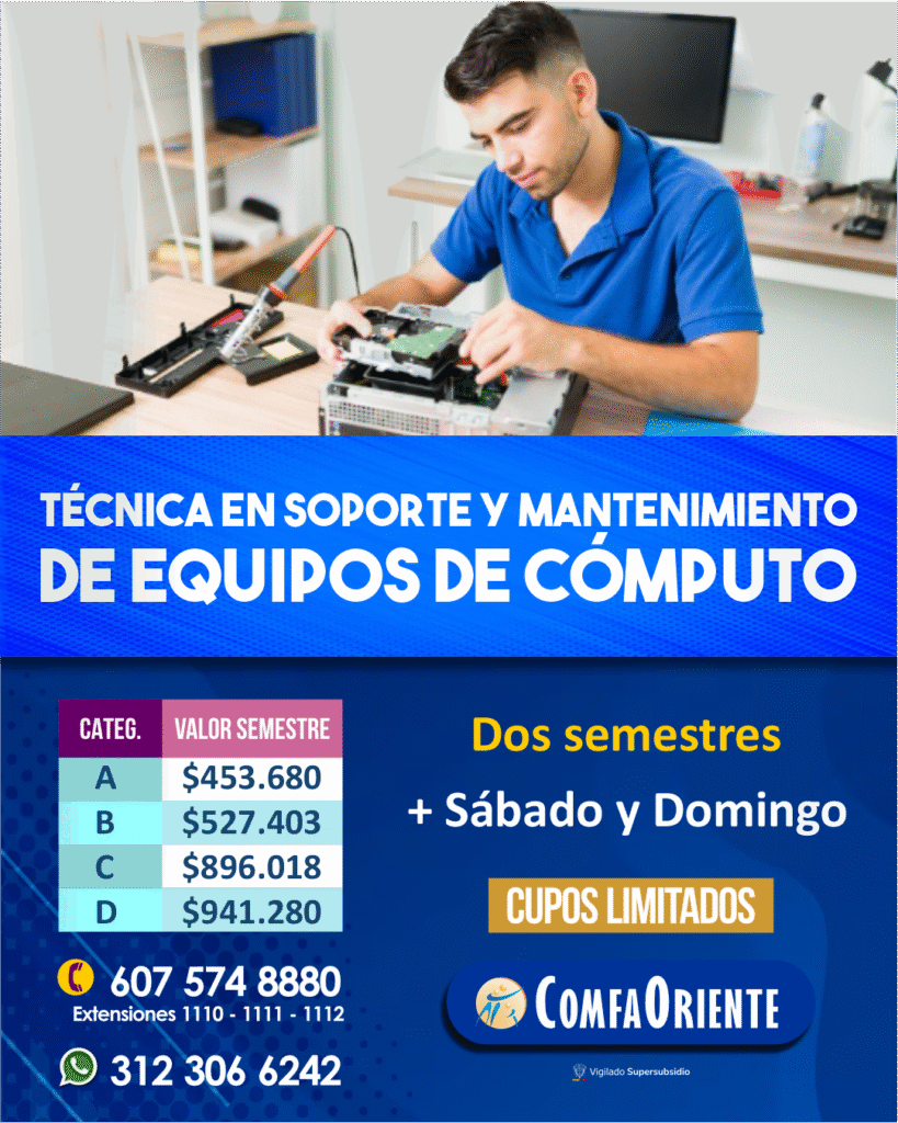 Hombre ensamblando una PC; anuncio del curso de soporte y mantenimiento de equipos de cómputo, dos semestres y teléfonos