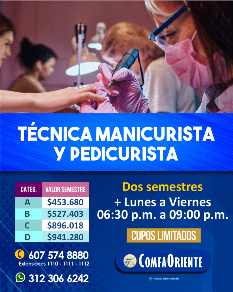 Manicurista con guantes rosados y pulidor eléctrico, sobre afiche azul que anuncia curso nocturno de dos semestres.