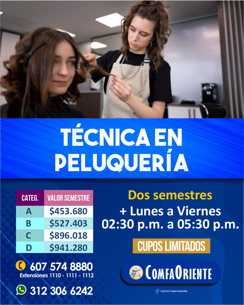 Estilista peinando a una clienta; banner azul con texto Técnica en peluquería, duración dos semestres y contactos.