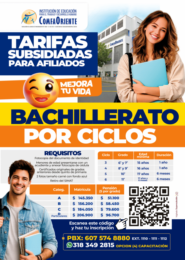 Cartel de ComfaOriente: Bachillerato por ciclos; estudiante sonriente, emoji, tabla de tarifas y QR