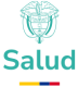 Logotipo turquesa con emblema decorativo encima de la palabra Salud y pequeñas franjas amarilla, azul y roja abajo.