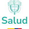 Logotipo turquesa con emblema decorativo encima de la palabra Salud y pequeñas franjas amarilla, azul y roja abajo.