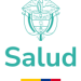 Logotipo turquesa con un emblema médico estilizado sobre la palabra Salud y tres franjas pequeñas amarilla, azul y roja en la parte inferior.